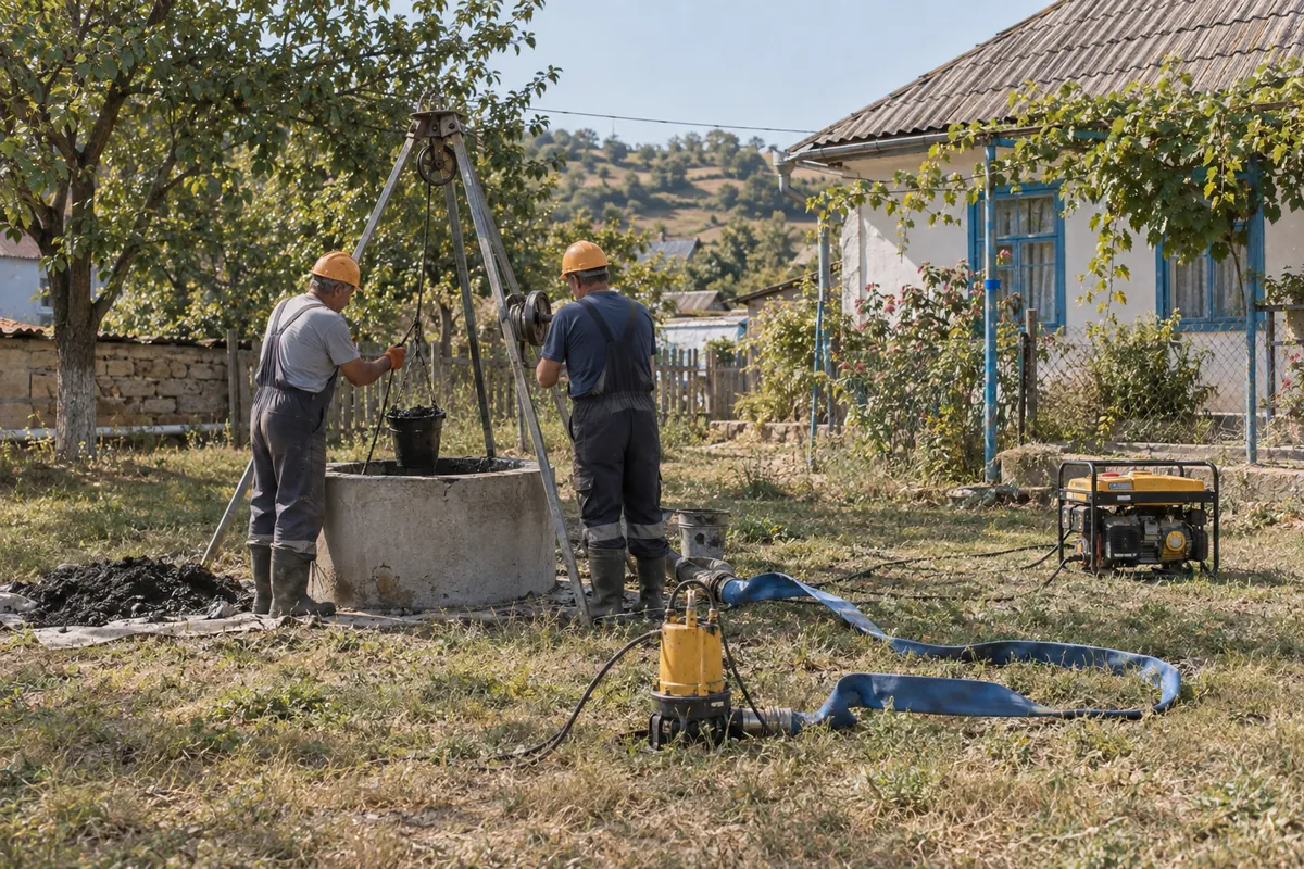 Doi muncitori scot mâlul dintr-o fântână cu trepied și troliu, alături pompa de drenaj și generatorul