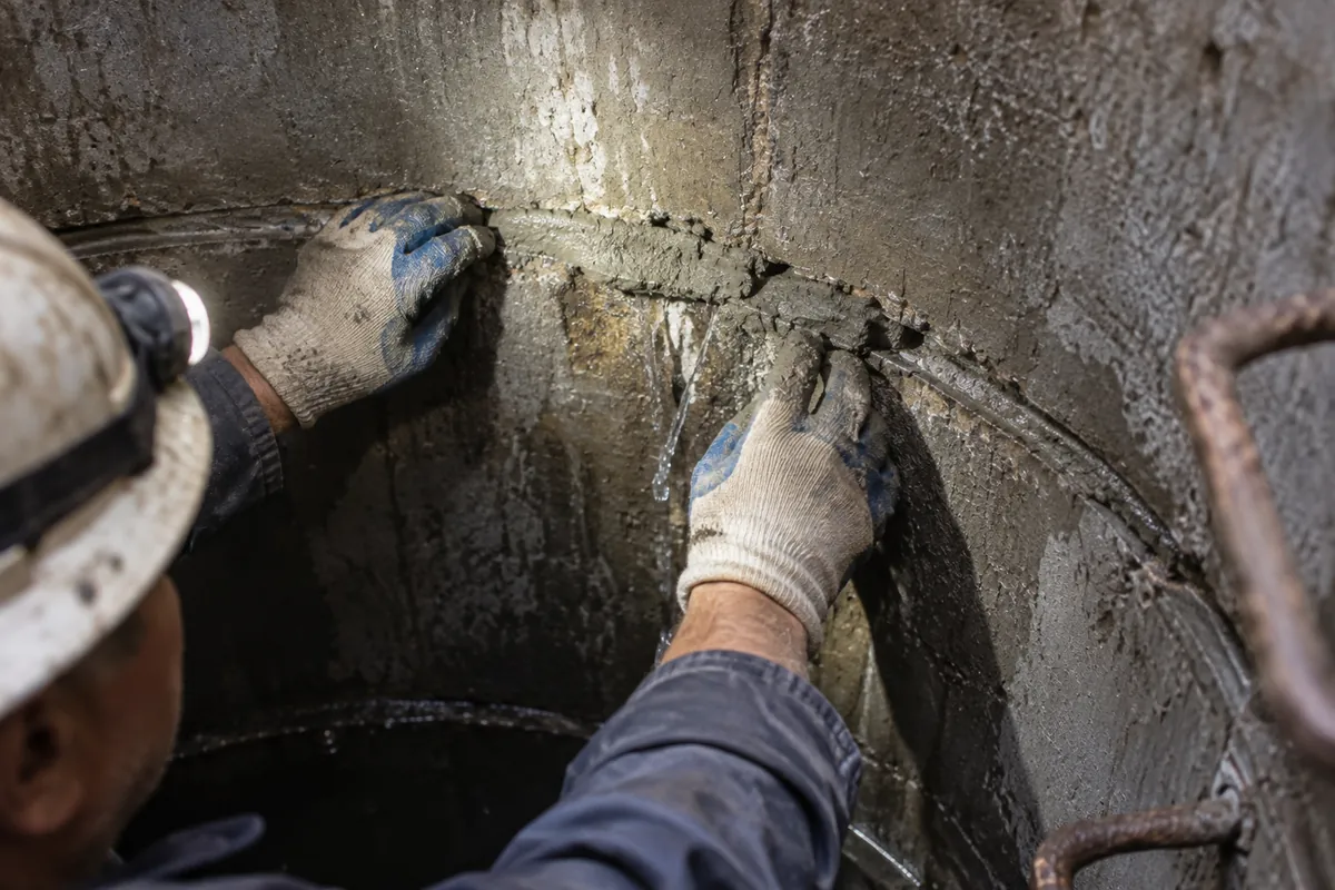 Mâini în mănuși închid cu hidroplombă rostul dintre două inele de beton