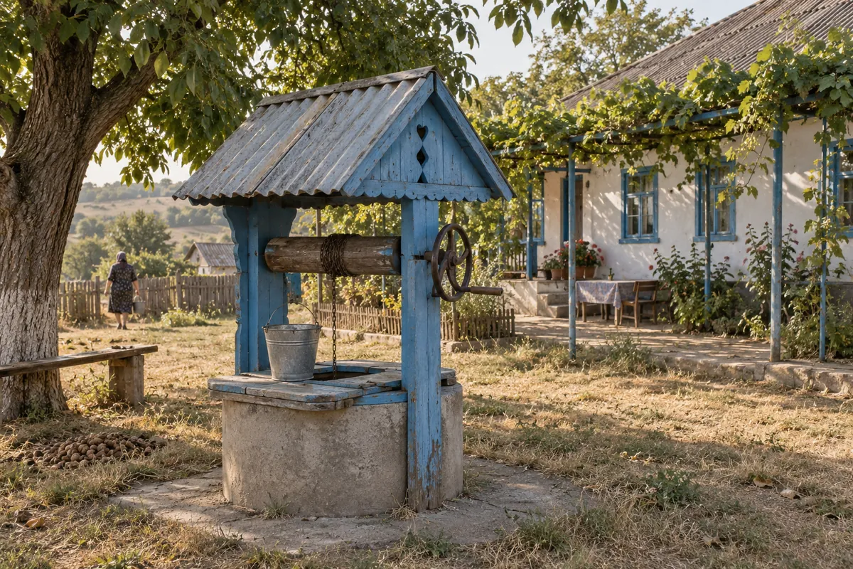 Fântână cu căsuță de lemn albastră într-o curte de la țară